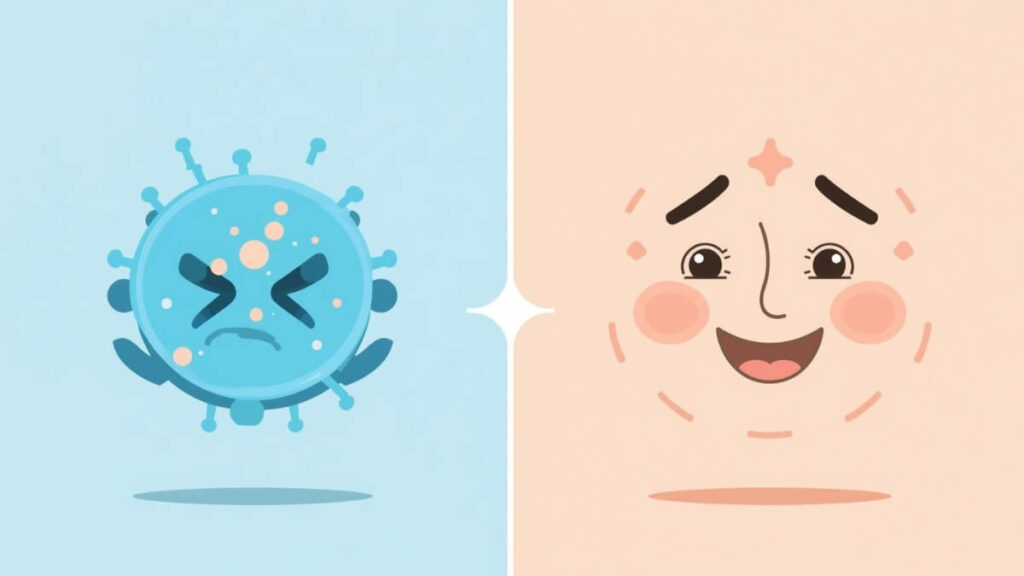 Ilustração: O poder da Luz Azul no combate à acne na Clínica Cássia Diaz.

À esquerda, vemos a representação simbólica da bactéria da acne inflamada reagindo à luz azul (ação bactericida). À direita, a imagem ilustra o resultado desejado: uma pele com aspecto limpo, saudável e radiante logo após a finalização do nosso protocolo exclusivo em Indaiatuba. Ciência e tecnologia unidas para transformar sua pele.