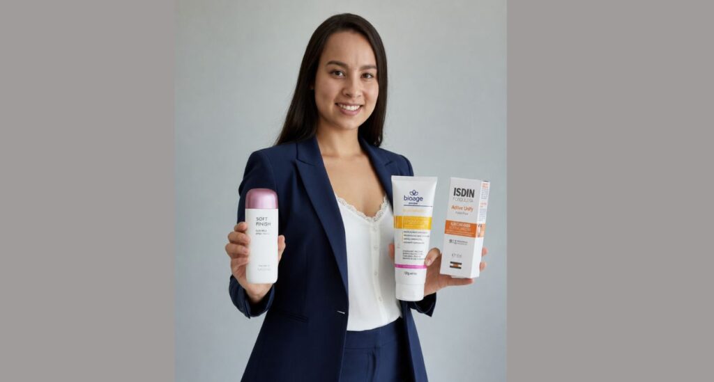 Esteticista Cassia Diaz mostrando qual o melhor protetor solar para o rosto no consultório.