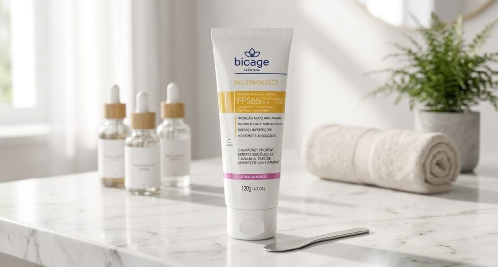 Protetor solar Bioage Bio-Sunprotect indicado para pós-procedimento estético.